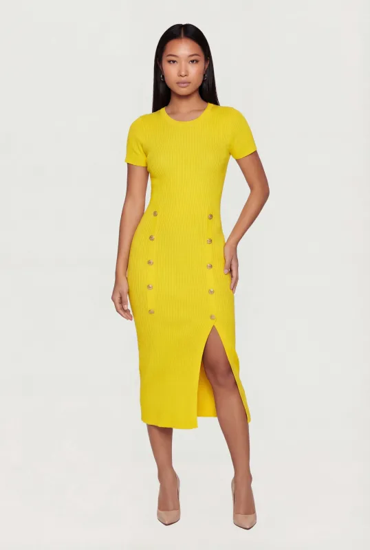 Ribbed Knit Short Sleeve Midi Dress with Faux Buttons sold by Rainbow