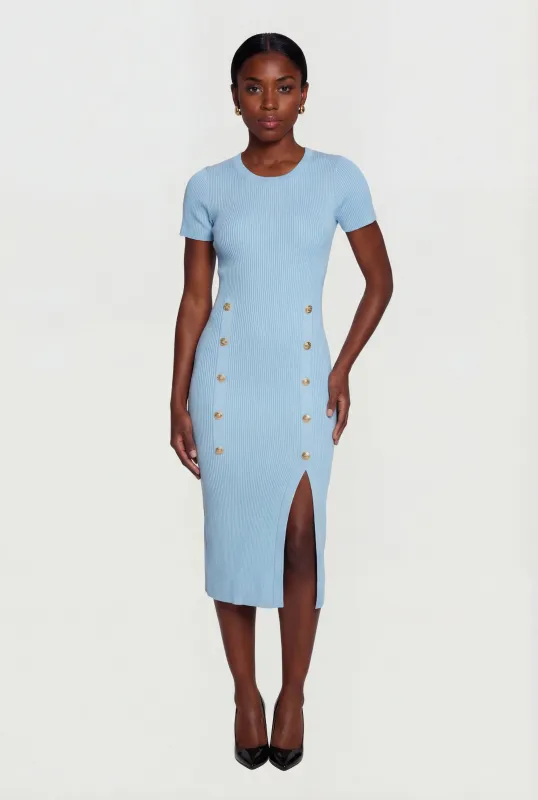 Ribbed Knit Short Sleeve Midi Dress with Faux Buttons sold by Rainbow