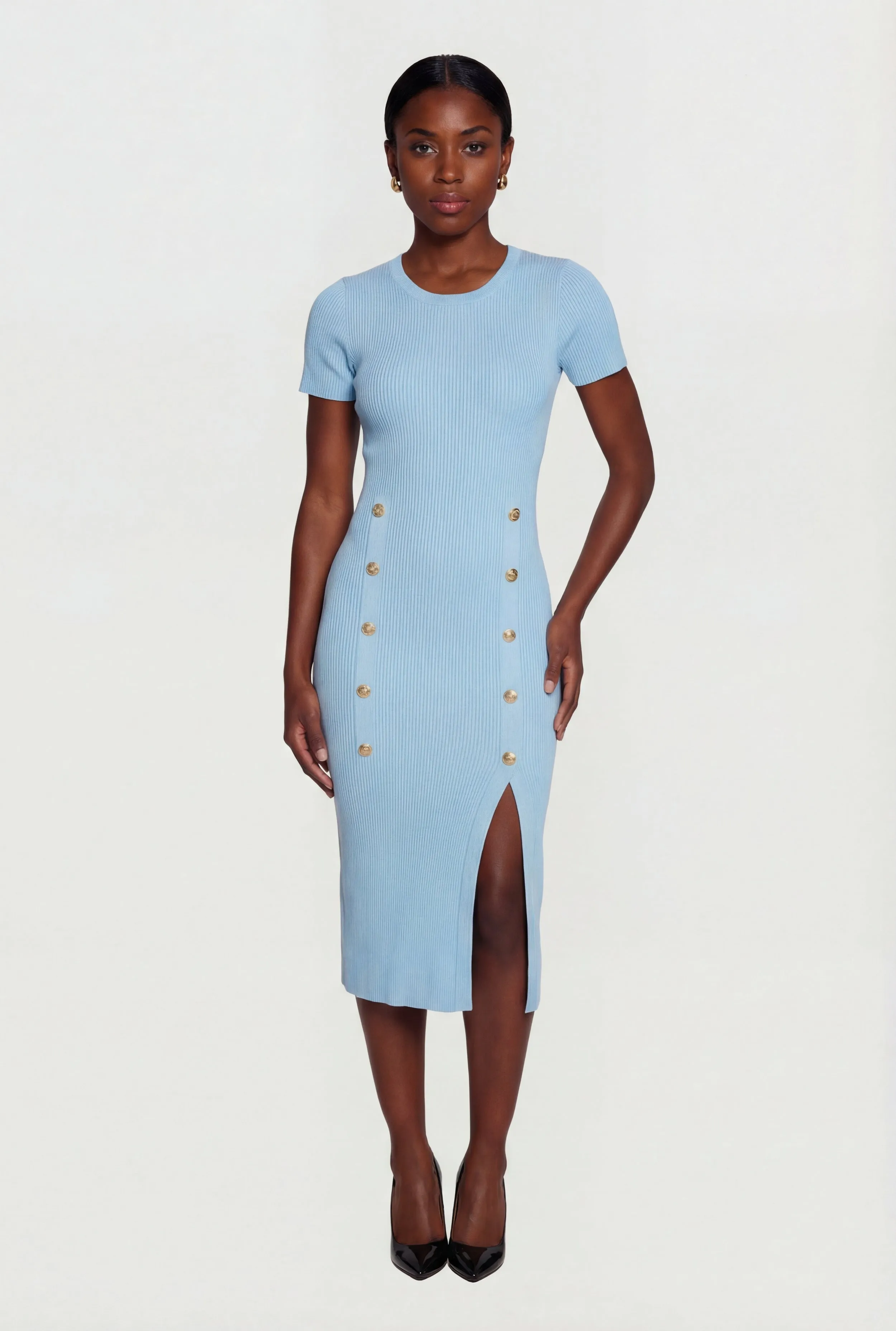 Ribbed Knit Short Sleeve Midi Dress with Faux Buttons sold by Rainbow