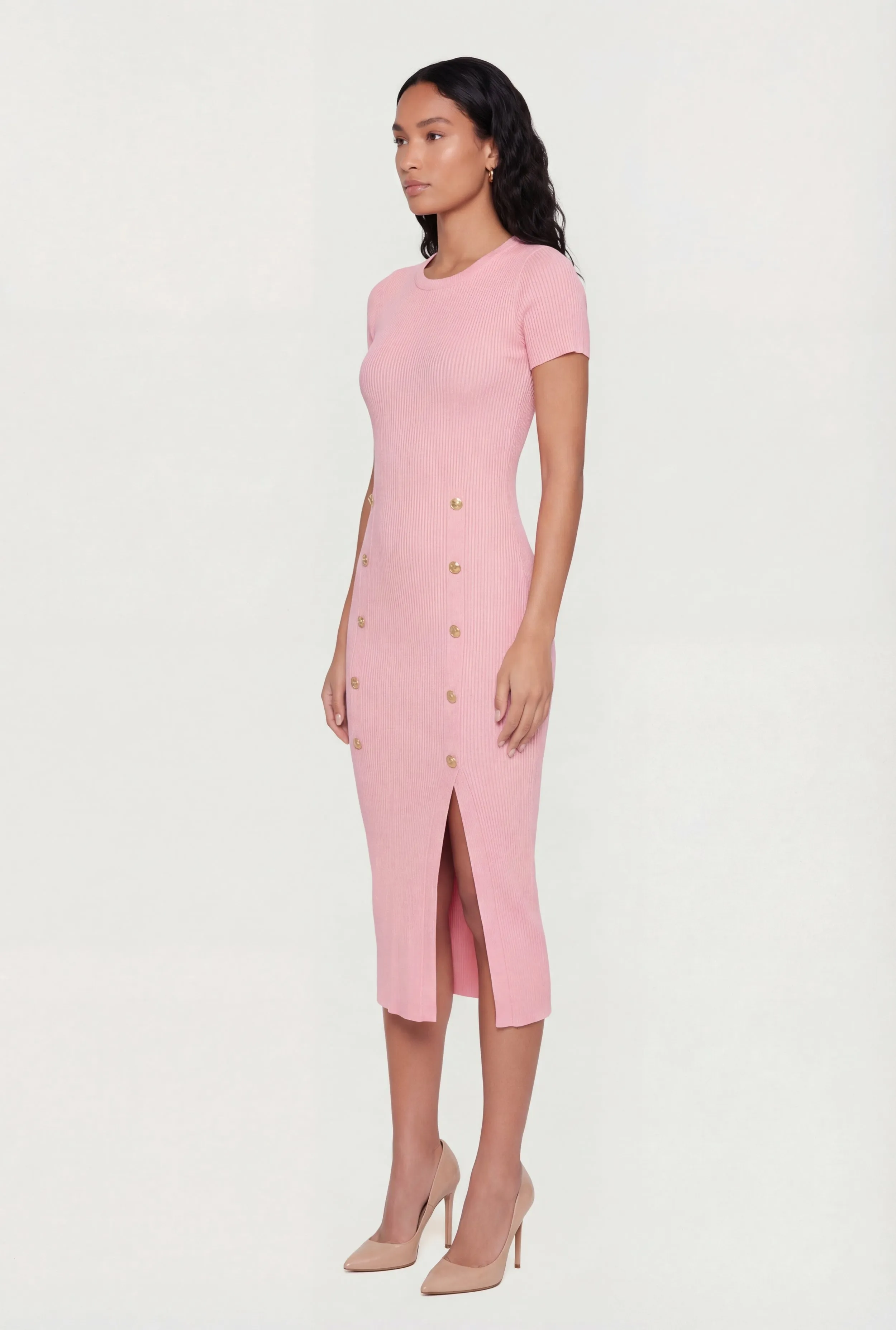 Ribbed Knit Short Sleeve Midi Dress with Faux Buttons sold by Rainbow product image thumbnail 2