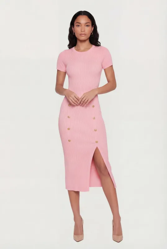 Ribbed Knit Short Sleeve Midi Dress with Faux Buttons sold by Rainbow