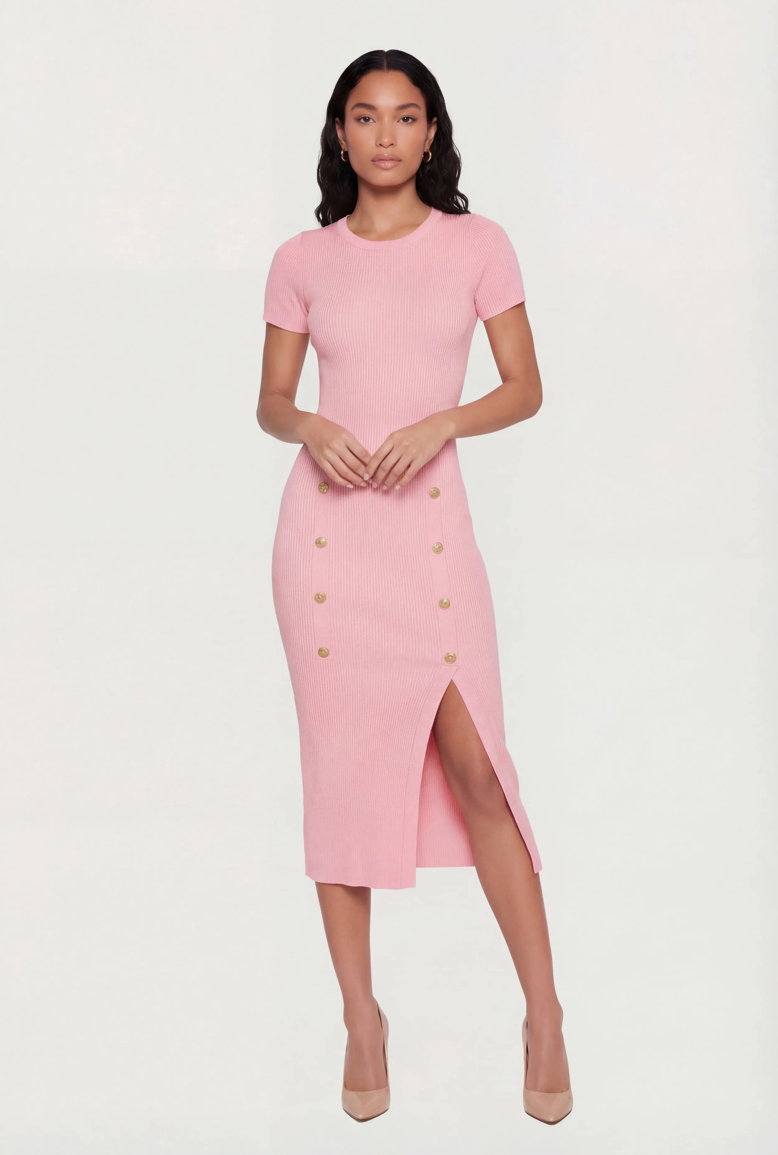 Ribbed Knit Short Sleeve Midi Dress with Faux Buttons sold by Rainbow