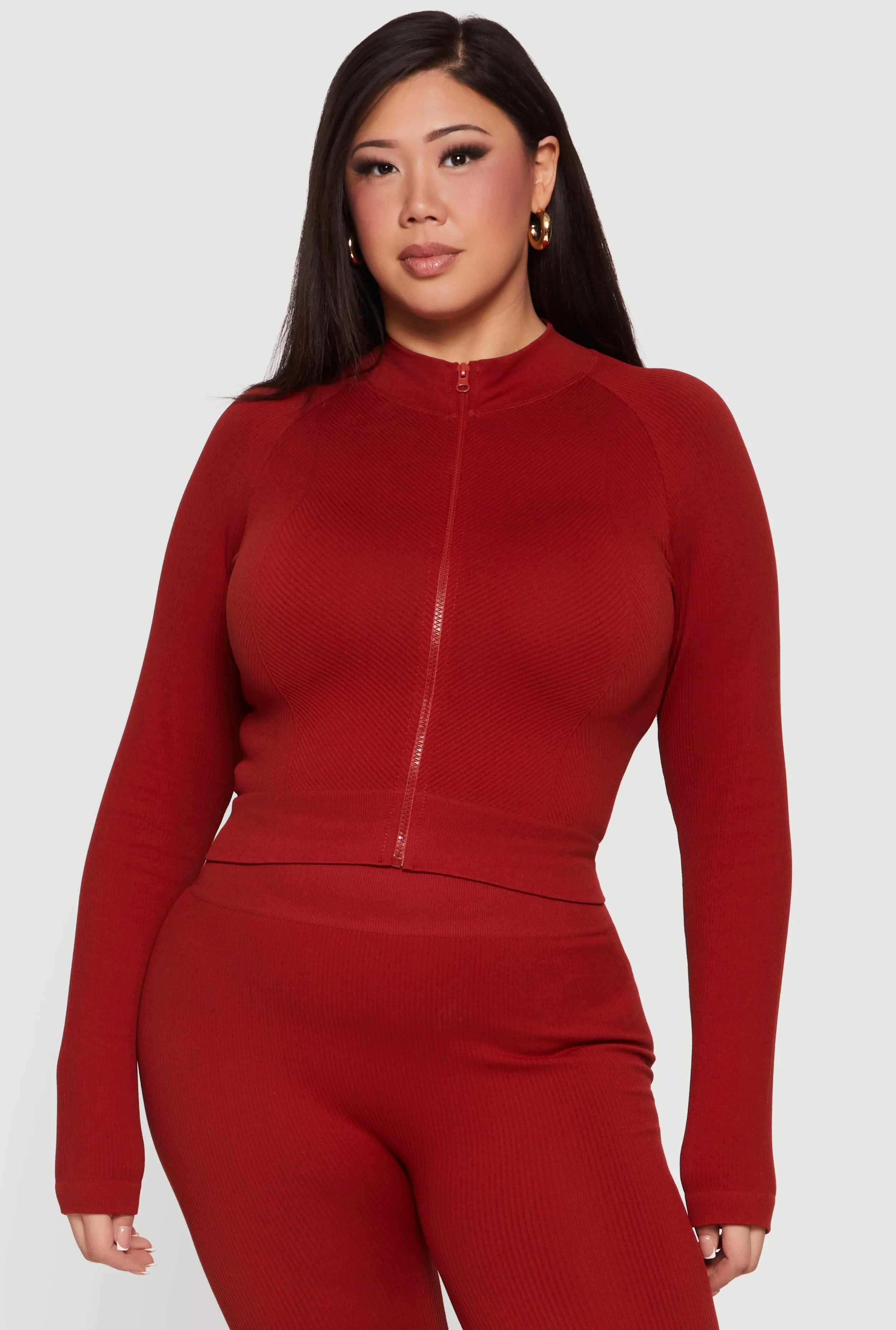 Plus Size Rib Knit Mock Neck Zip Front Jacket sold by Rainbow