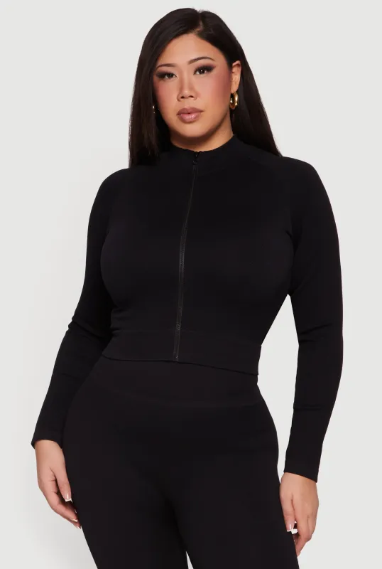Plus Size Rib Knit Mock Neck Zip Front Jacket sold by Rainbow