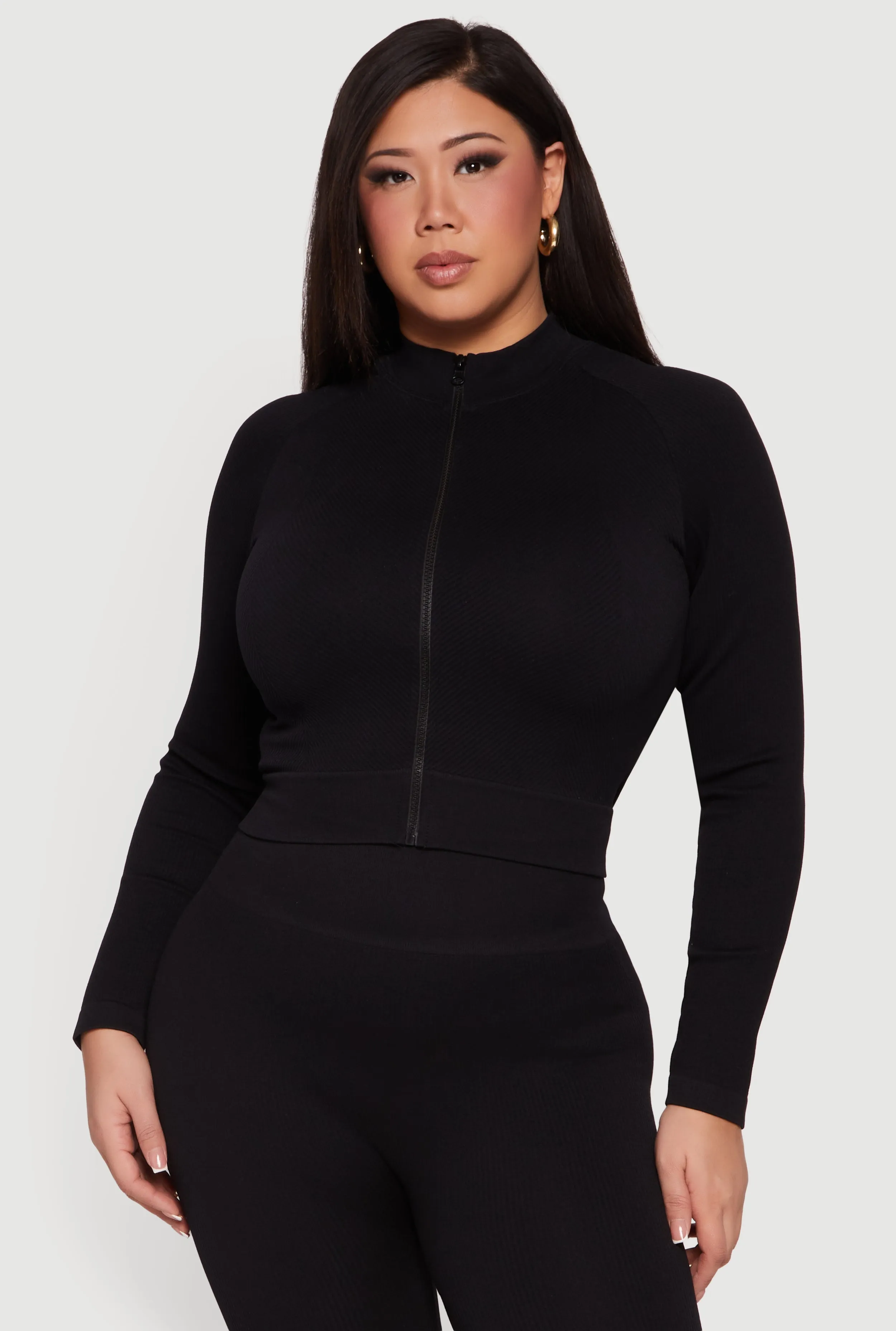 Plus Size Rib Knit Mock Neck Zip Front Jacket sold by Rainbow