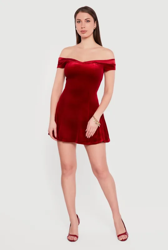 Satin Fold Over Off the Shoulder Velour Skater Dress sold by Rainbow