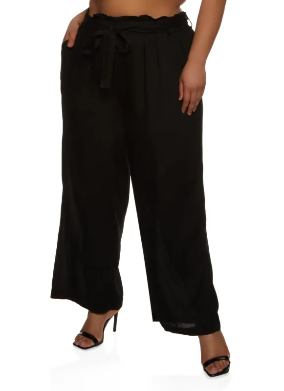Plus Size Paper Bag Waist Pocket Palazzo Pants sold by Rainbow