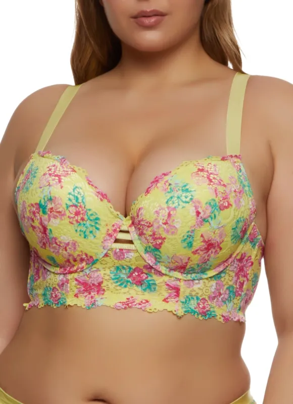 Plus Size Floral Print Caged Front Lace Longline Plunge Bra sold by Rainbow