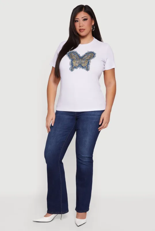 Plus Size Butterfly Studded Denim Patch Tee sold by Rainbow