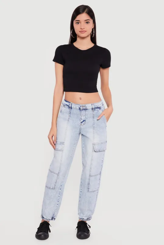 Acid Wash Denim Joggers with Cargo Pockets sold by Rainbow