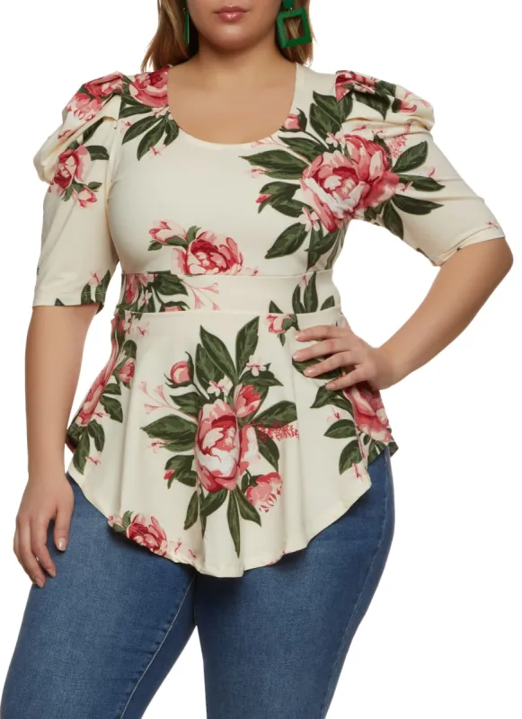 Plus Size Floral Print Puff Sleeve Peplum Top sold by Rainbow