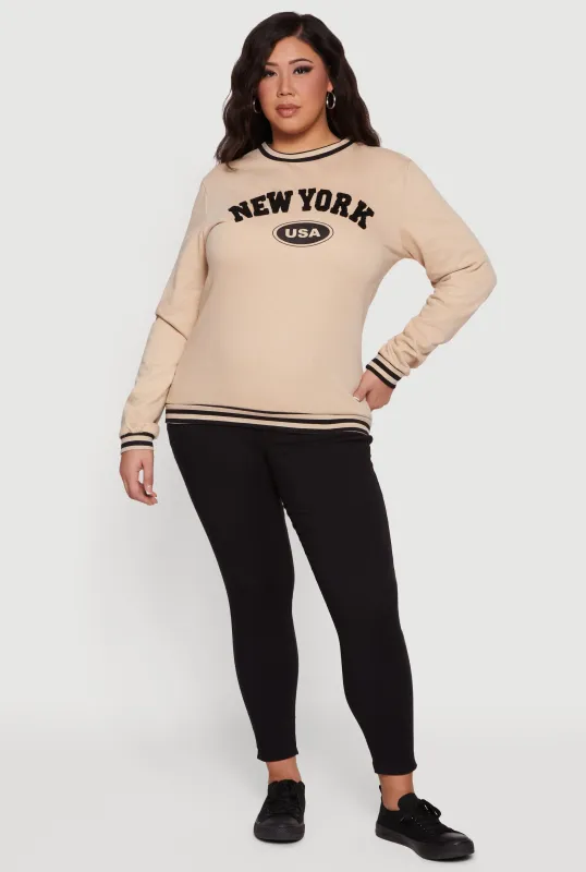 Plus Size New York USA Graphic Varsity Stripe Sweatshirt sold by Rainbow