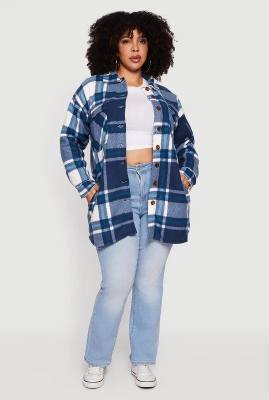 Plus Size Sherpa Lined Flap Pocket Long Button Front Shacket sold by Rainbow