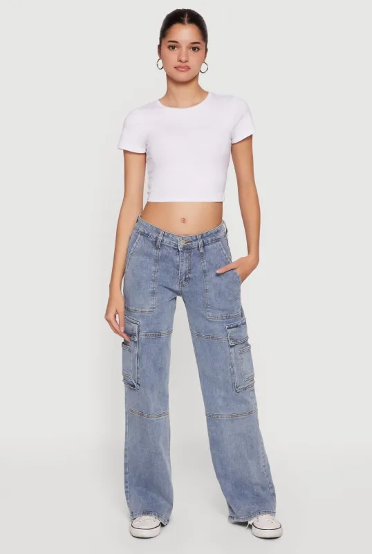Mid Rise Wide Leg Acid Wash Cargo Jeans sold by Rainbow
