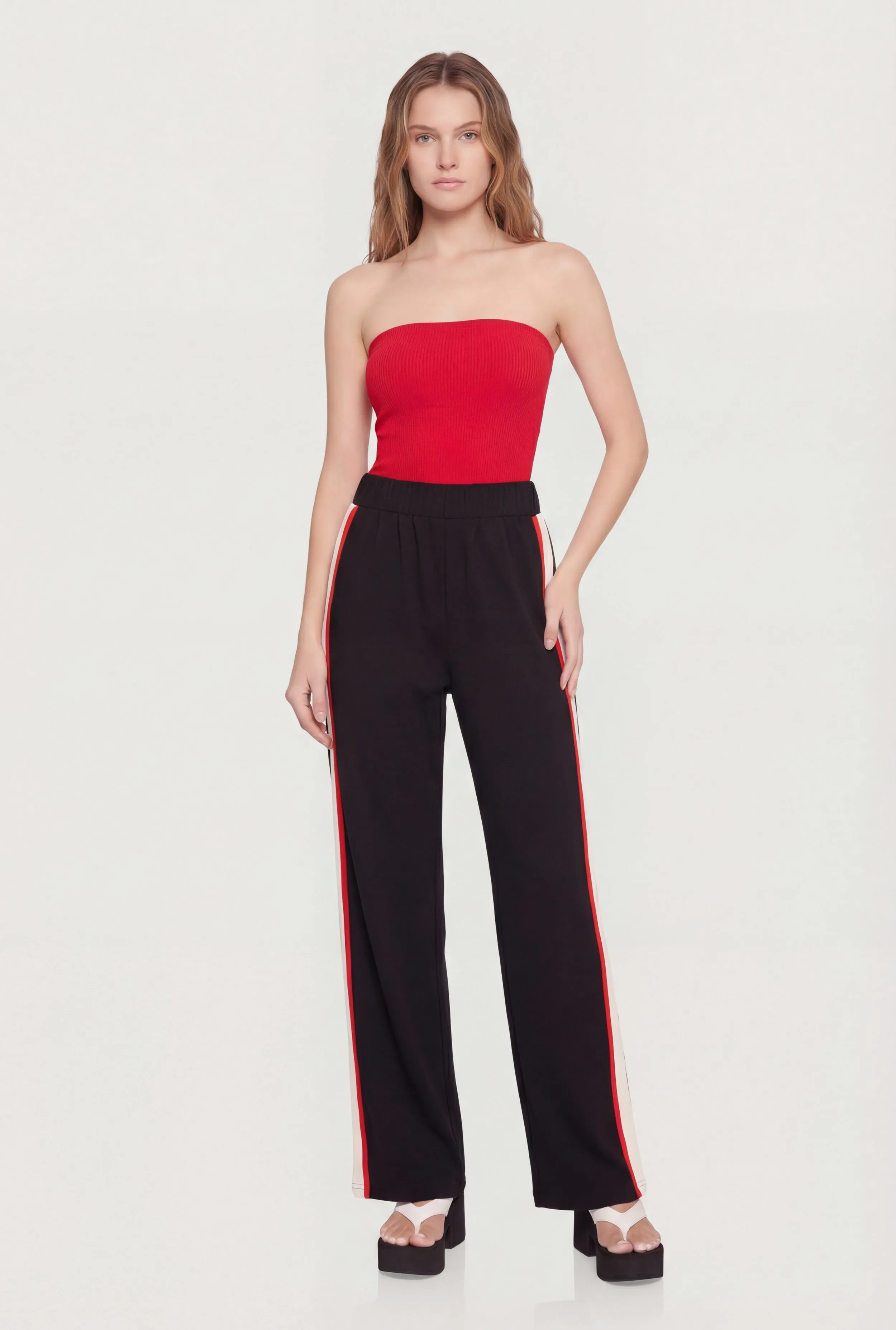 High Waisted Wide Leg Side Stripe Track Pants sold by Rainbow