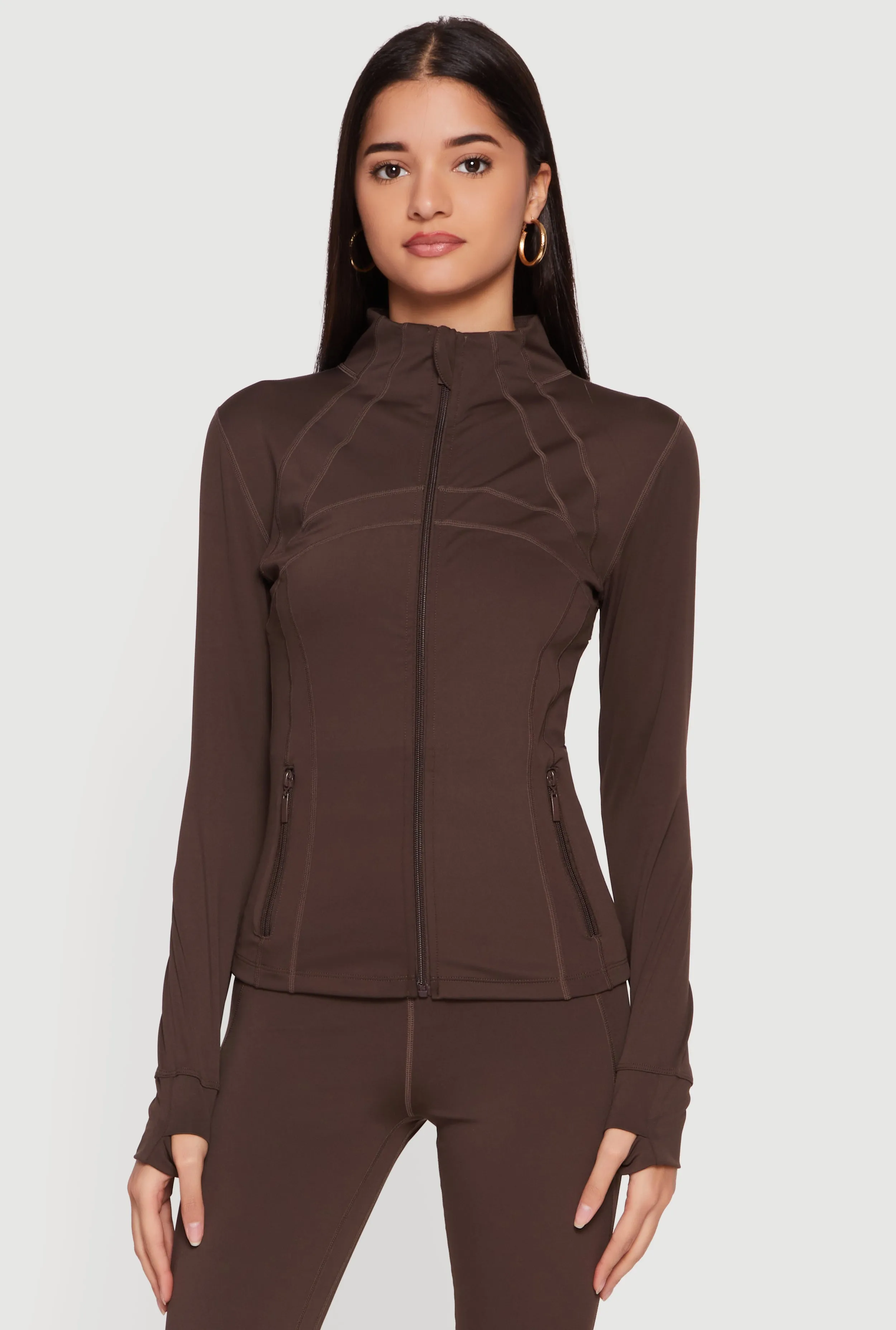 Long Sleeve Mock Neck Zip Front Jacket with Thumb Holes sold by Rainbow