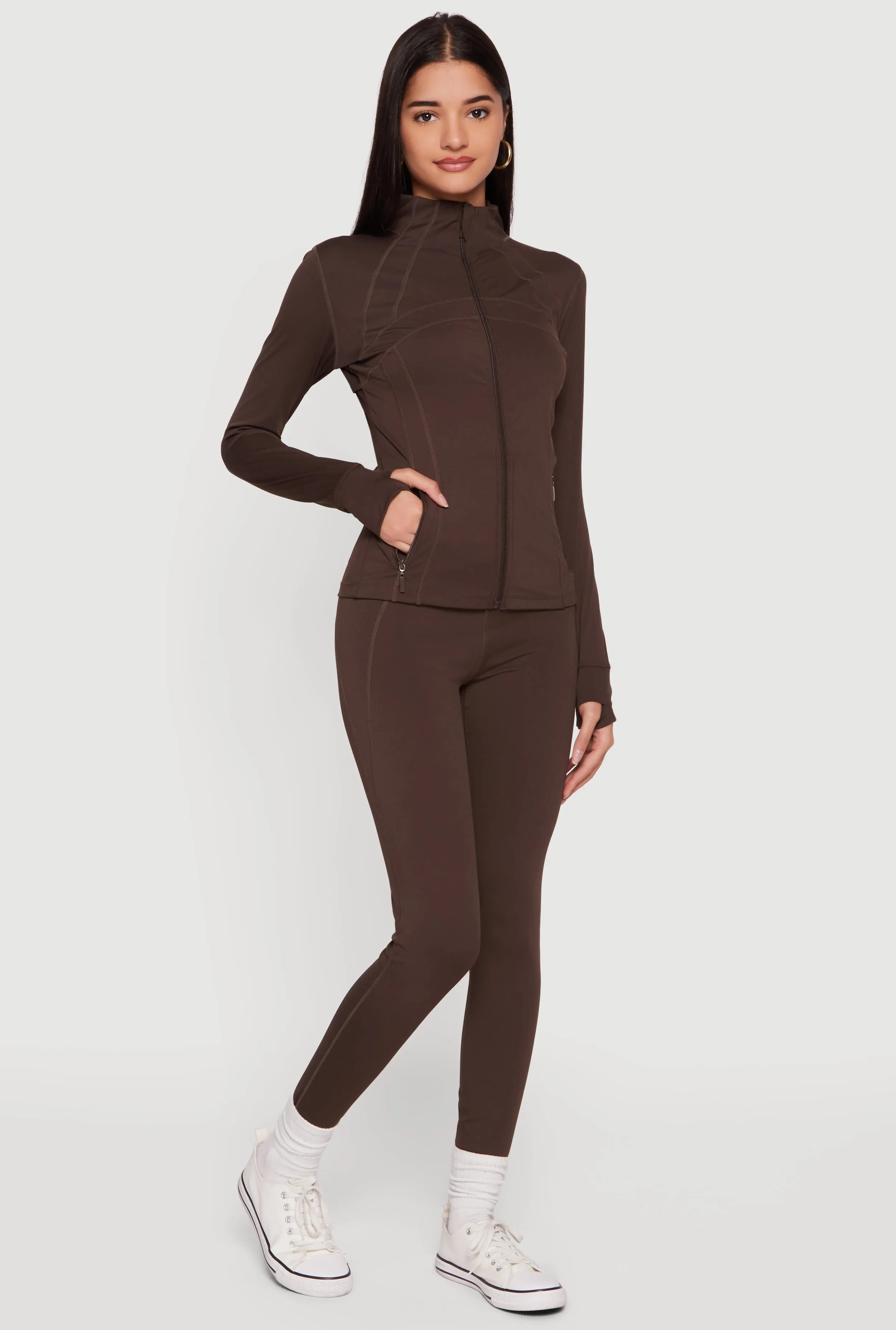Long Sleeve Mock Neck Zip Front Jacket with Thumb Holes sold by Rainbow product image thumbnail 2