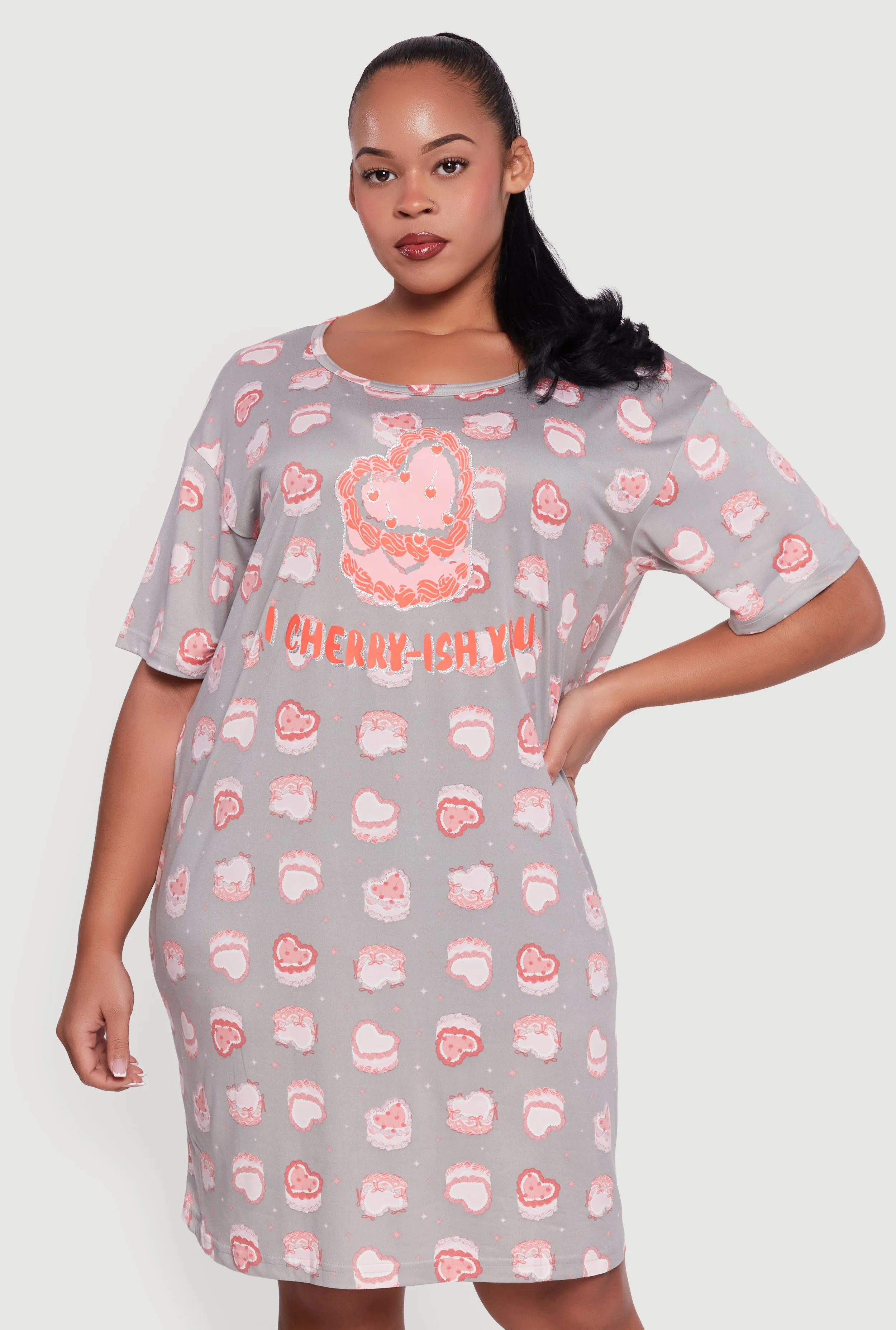 Plus Size Cherry Cake Patterned Scoop Neck Sleep Shirt sold by Rainbow