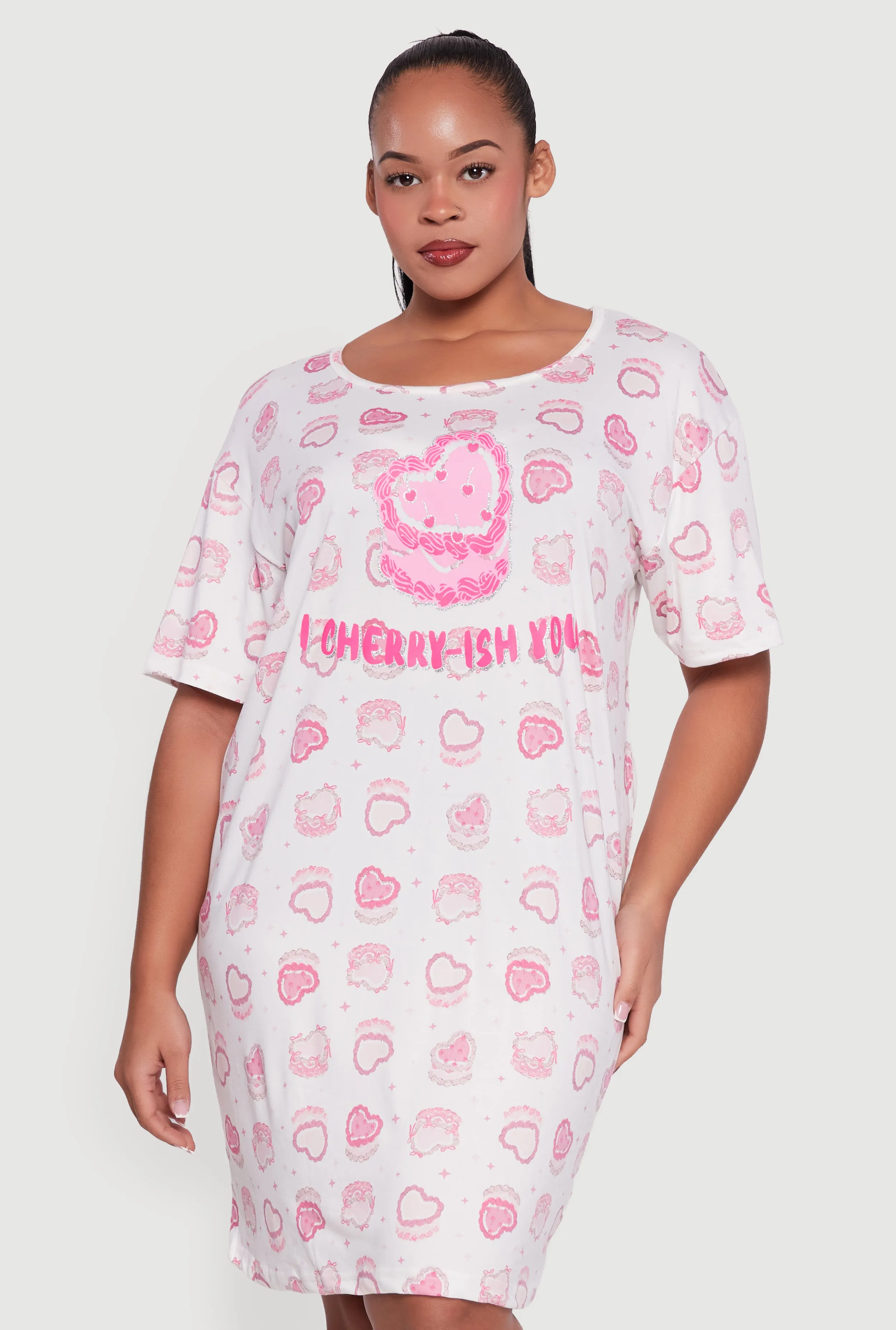 Plus Size Cherry Cake Patterned Scoop Neck Sleep Shirt sold by Rainbow