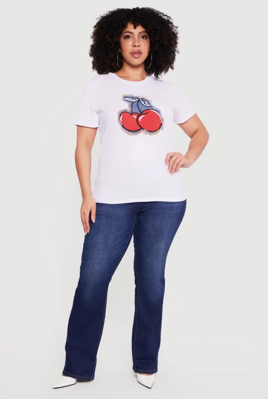 Plus Size Cherry Graphic Denim Patch Tee made by Rainbow