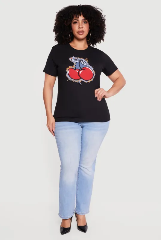 Plus Size Cherry Graphic Denim Patch Tee made by Rainbow