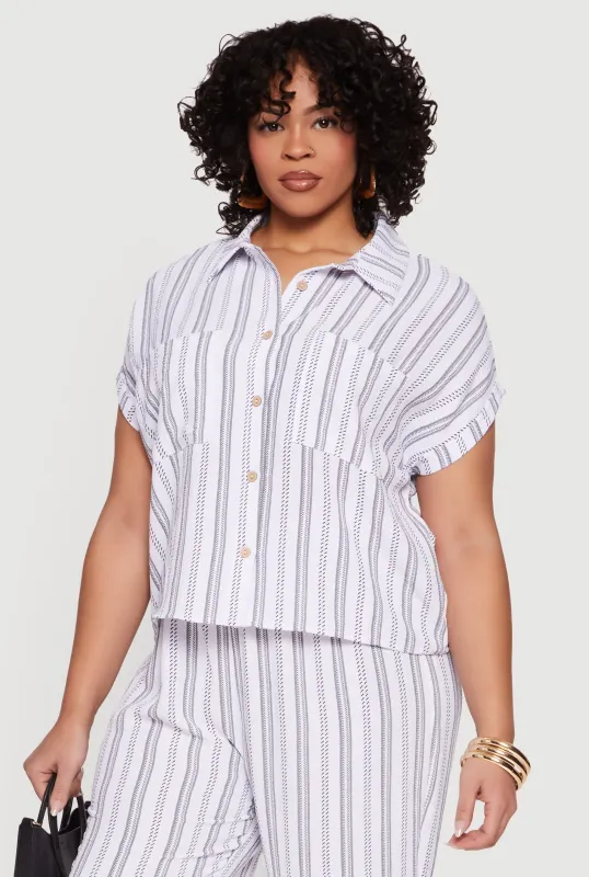 Plus Size Striped Crepe Knit Button Front Shirt sold by Rainbow
