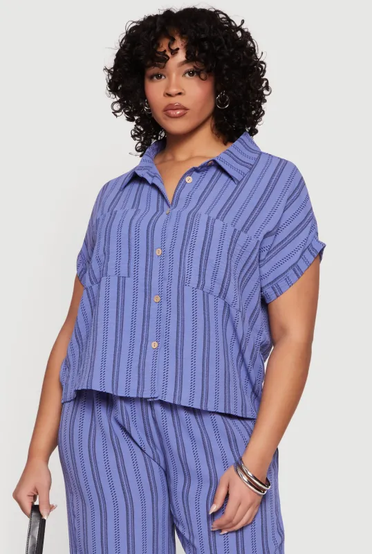 Plus Size Striped Crepe Knit Button Front Shirt sold by Rainbow