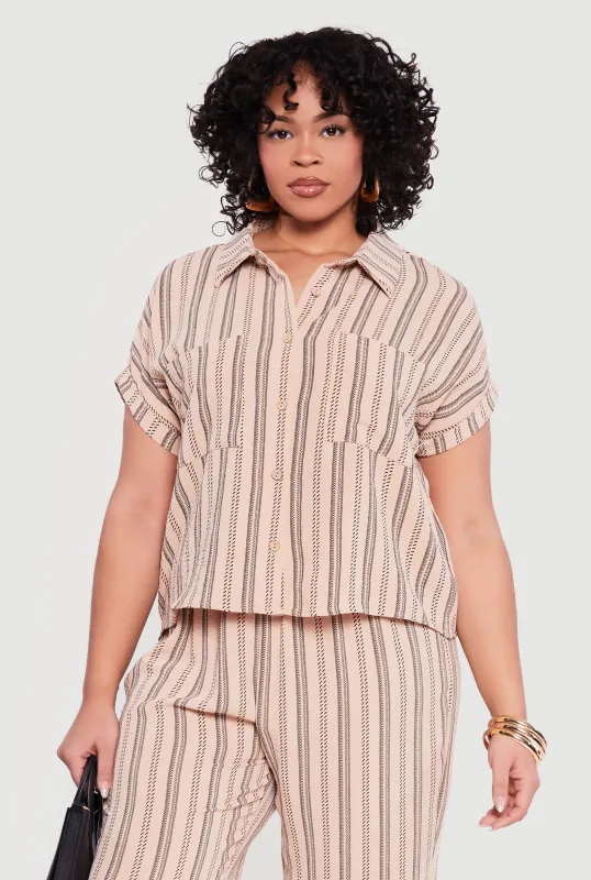 Plus Size Striped Crepe Knit Button Front Shirt sold by Rainbow