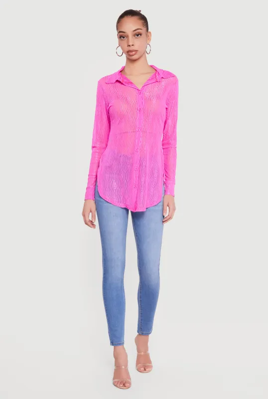 Swirl Mesh Button Front Tunic Shirt made by Rainbow