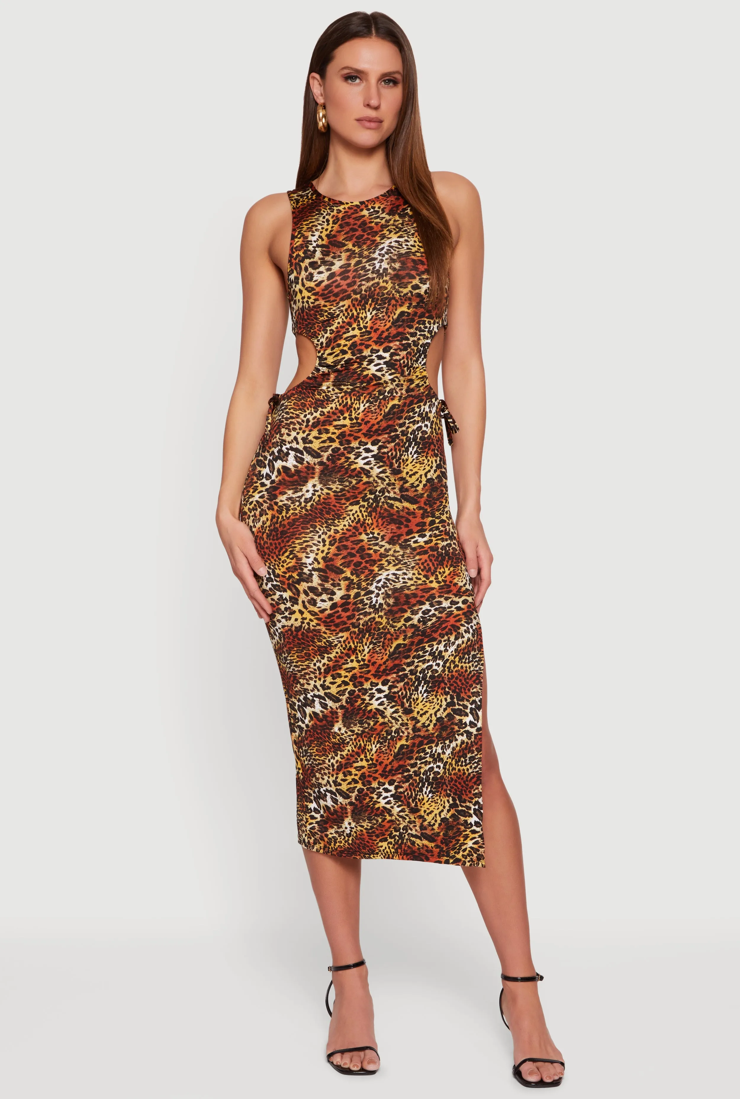 Animal Print Side Slit Drawstring Cut Out Midi Dress sold by Rainbow