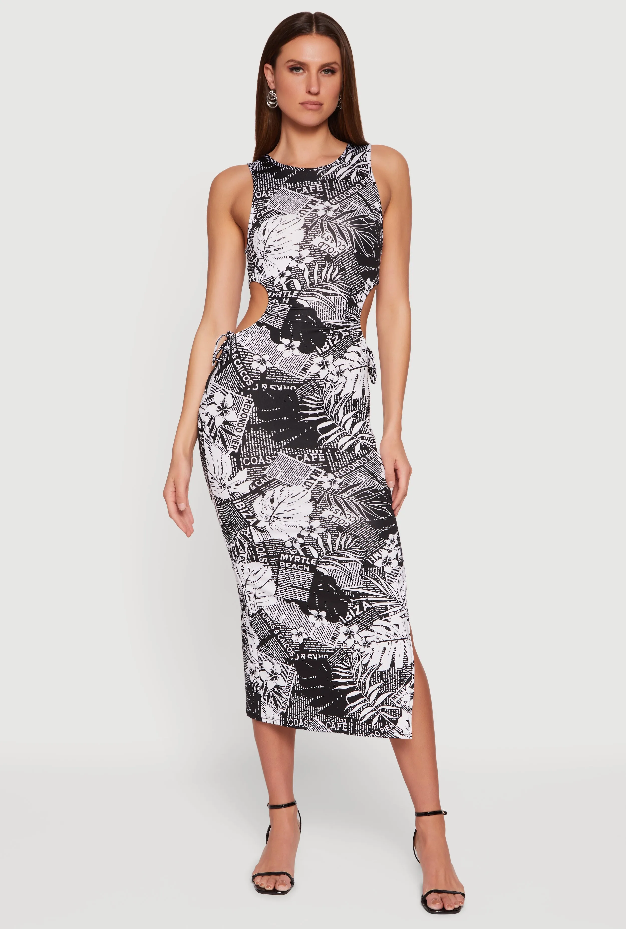 Floral Newspaper Print Side Slit Midi Dress sold by Rainbow