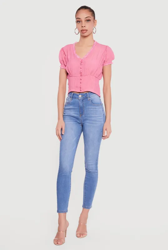 Puff Sleeve Cropped Button Front Blouse sold by Rainbow