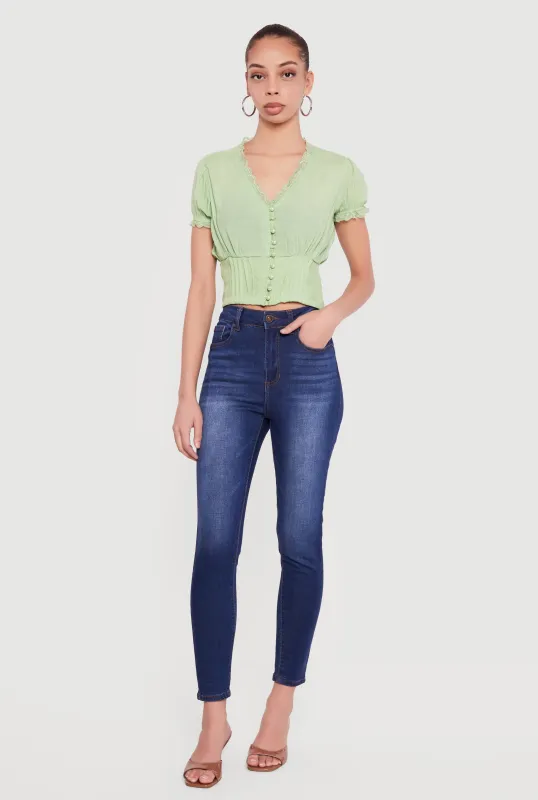 Puff Sleeve Cropped Button Front Blouse sold by Rainbow