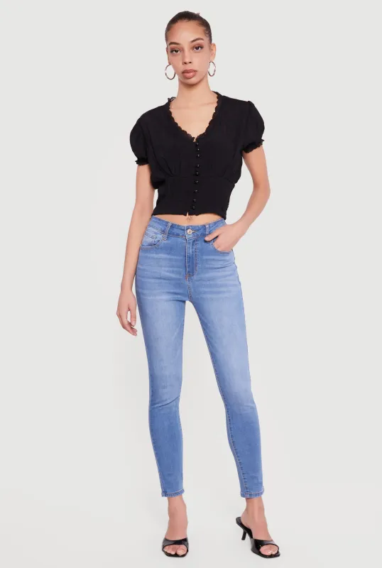 Puff Sleeve Cropped Button Front Blouse sold by Rainbow