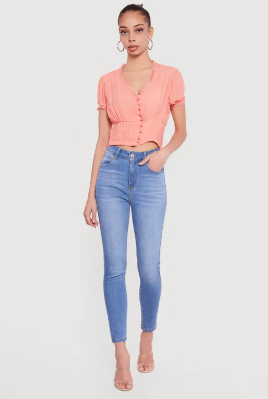 Puff Sleeve Cropped Button Front Blouse sold by Rainbow