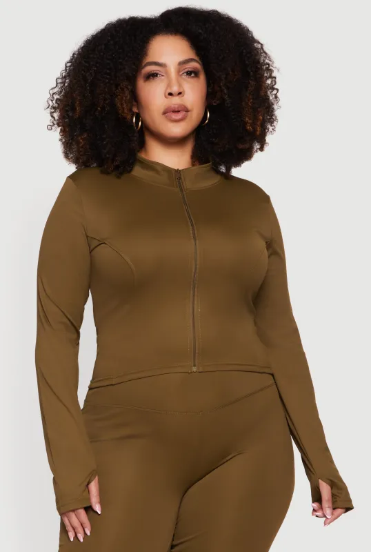 Plus Size Zip Front Mock Neck Active Jacket with Thumb Holes sold by Rainbow