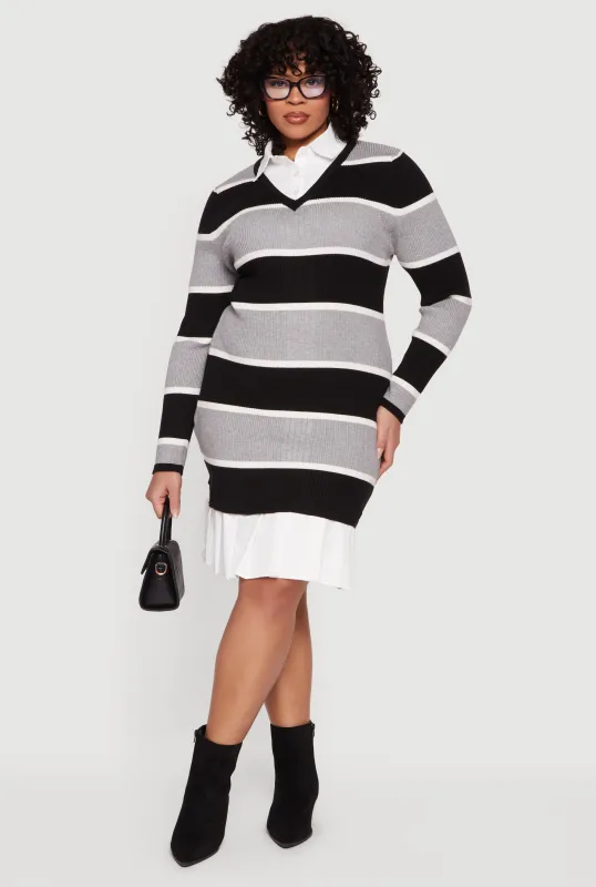 Plus Size Layered Look Striped Ribbed Knit Sweater Dress sold by Rainbow