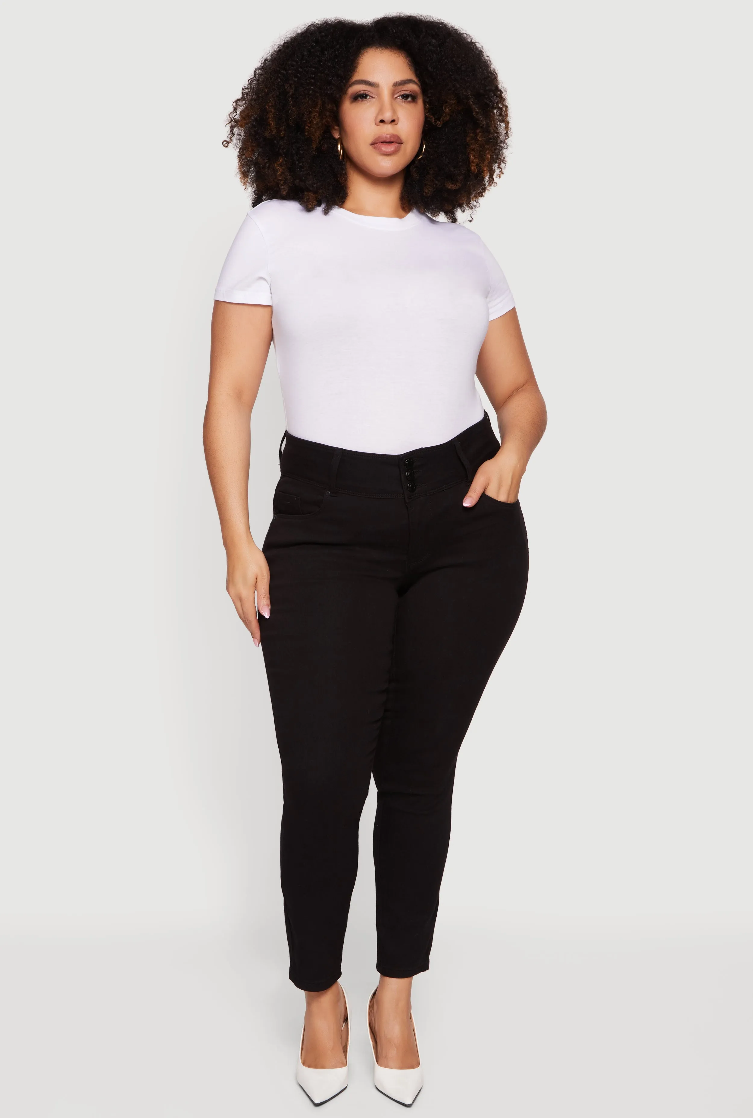 Plus Size Three Button High Waisted Skinny Jeans sold by Rainbow