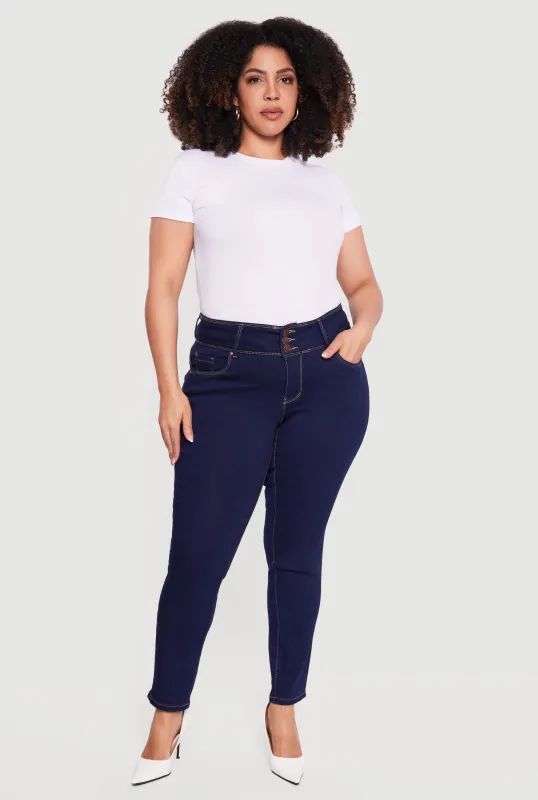 Plus Size Three Button High Waisted Skinny Jeans made by Rainbow