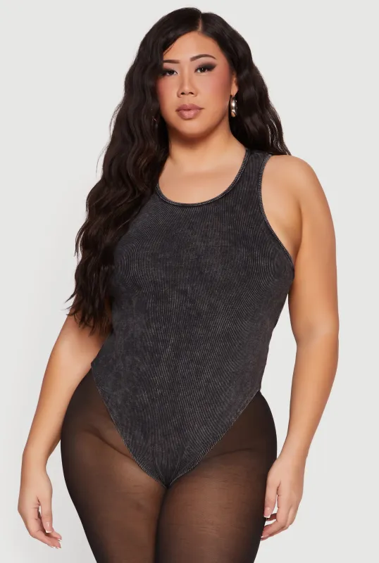 Plus Size Acid Wash Rib Knit Scoop Neck Bodysuit made by Rainbow