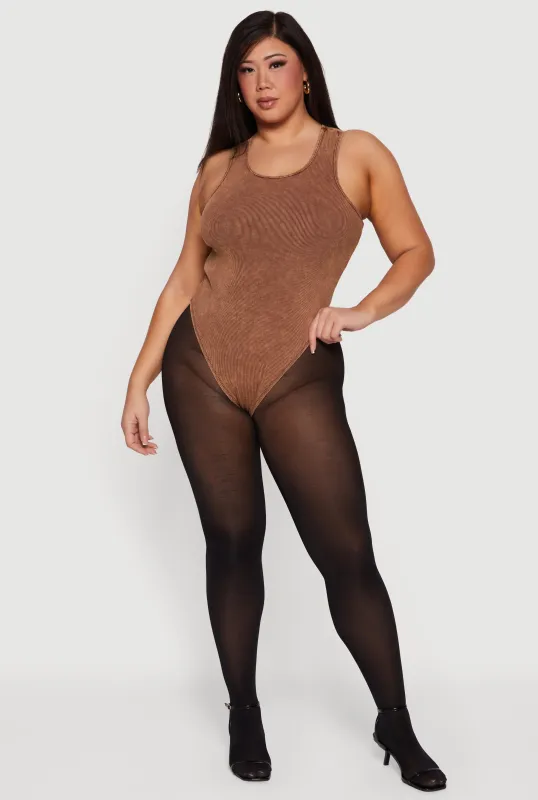 Plus Size Acid Wash Rib Knit Scoop Neck Bodysuit made by Rainbow