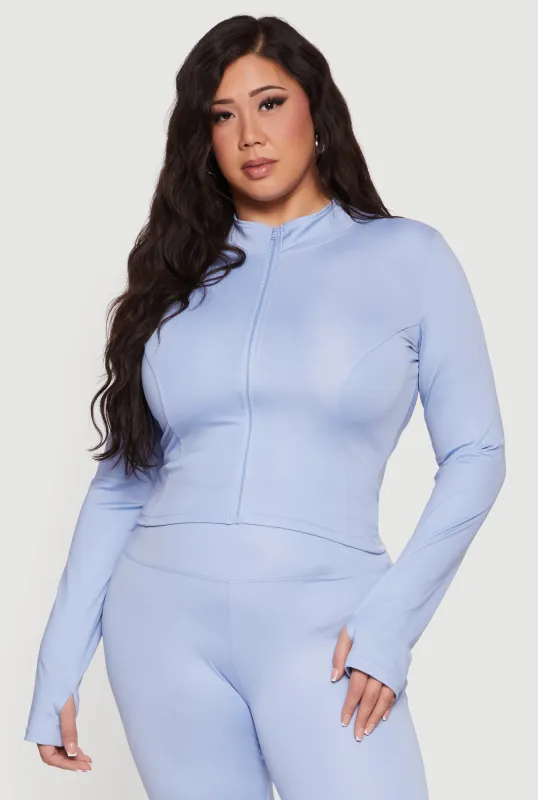 Plus Size Zip Front Mock Neck Active Jacket with Thumb Holes sold by Rainbow