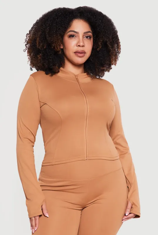 Plus Size Zip Front Mock Neck Active Jacket with Thumb Holes sold by Rainbow