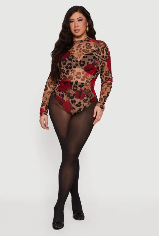 Plus Size Patterned Mesh Long Sleeve Bodysuit sold by Rainbow