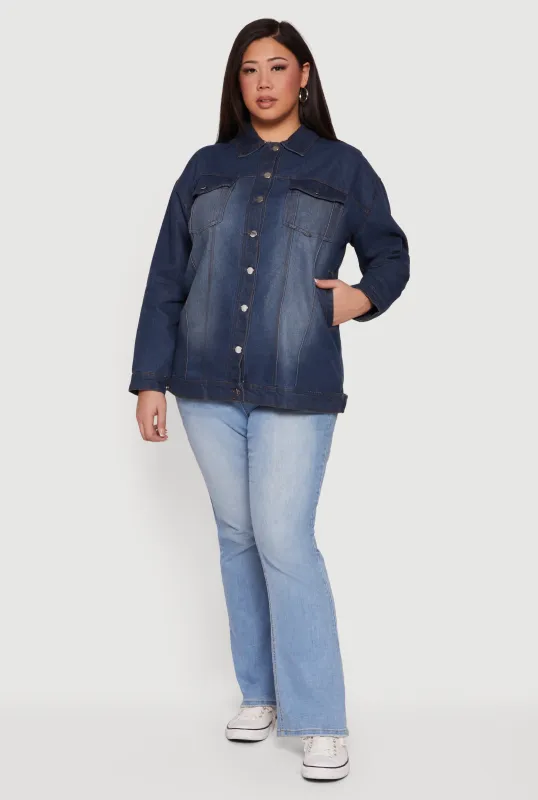 Plus Size Long Sleeve Button Front Denim Jacket sold by Rainbow