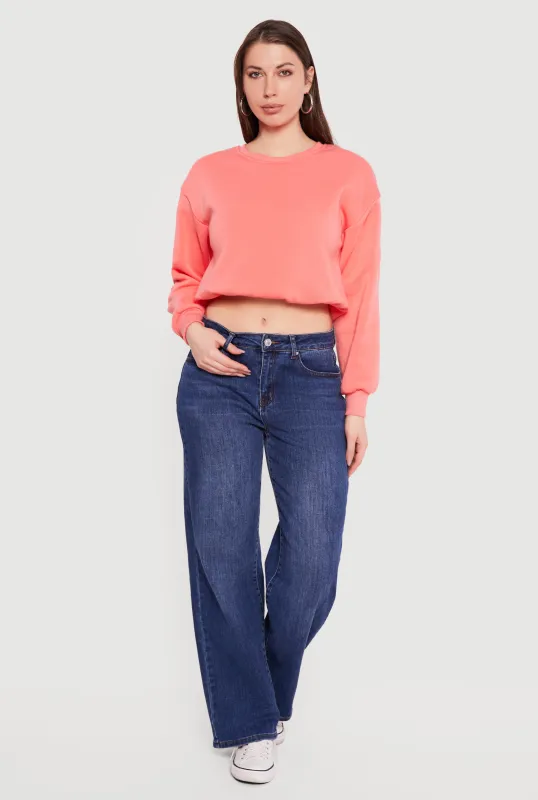Long Sleeve Crew Neck Bubble Hem Cropped Sweatshirt sold by Rainbow