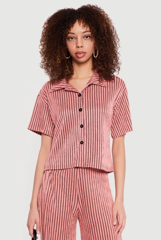 Striped Plisse Short Sleeve Button Front Shirt sold by Rainbow