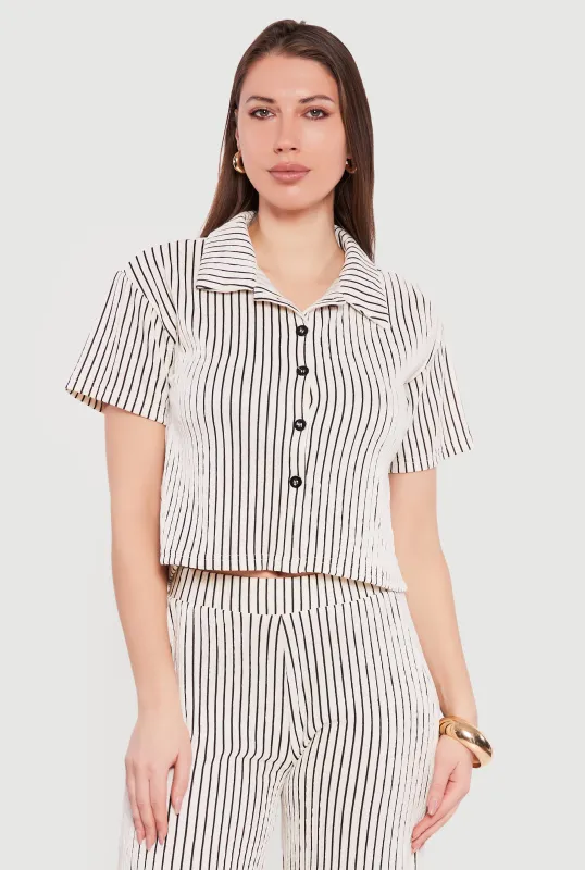 Striped Plisse Short Sleeve Button Front Shirt sold by Rainbow