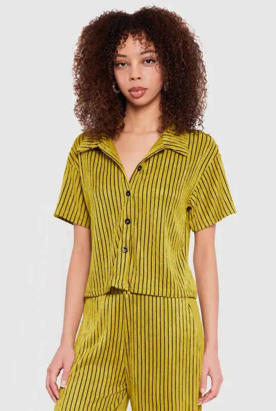 Striped Plisse Short Sleeve Button Front Shirt sold by Rainbow