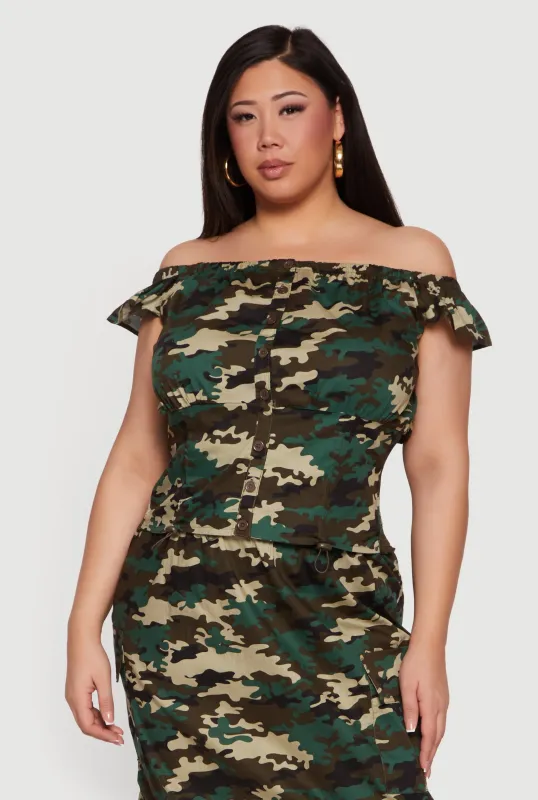 Plus Size Camouflage Button Front Off The Shoulder Top made by Rainbow